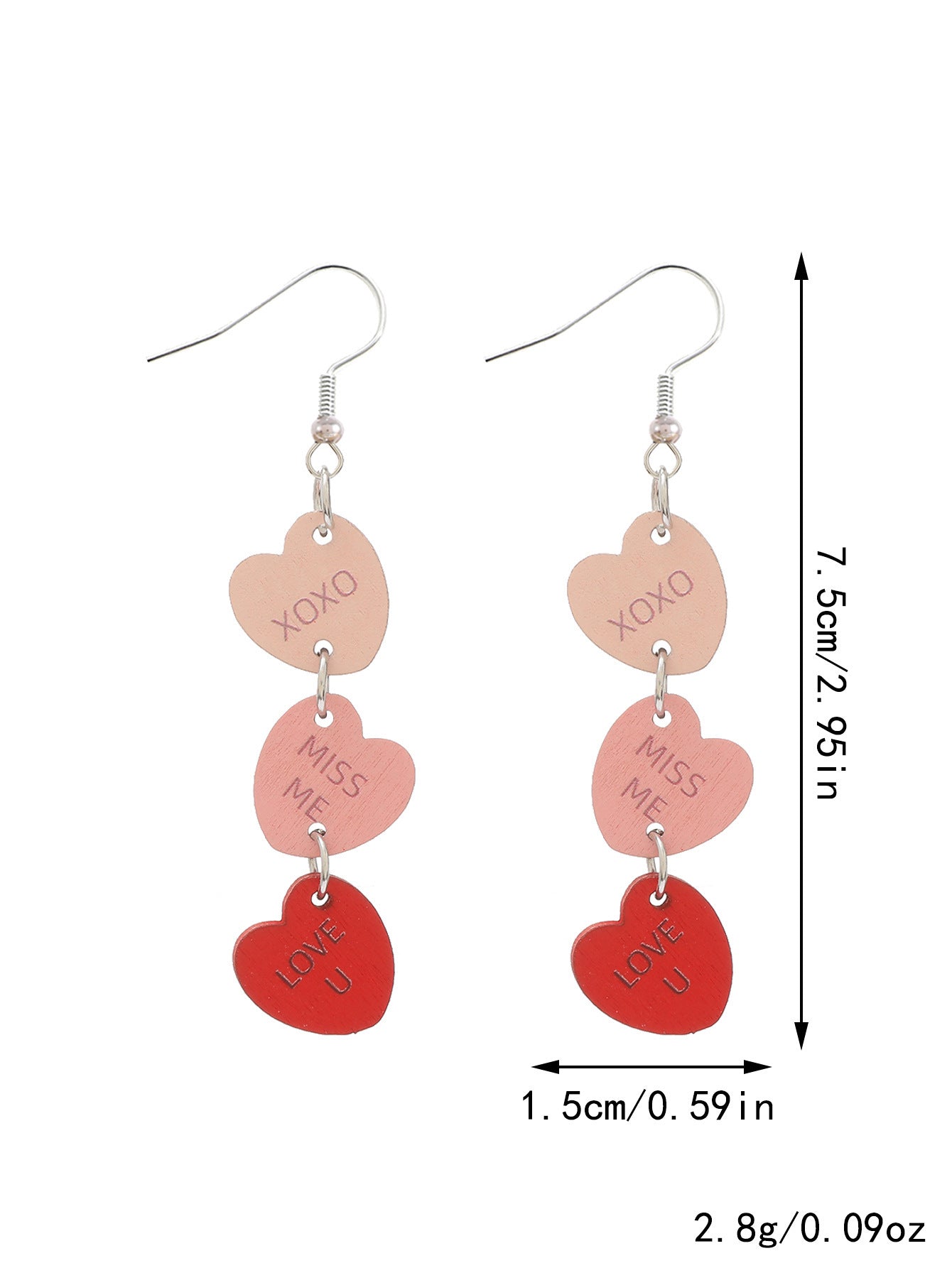 Boucles d'oreilles multicouches en forme de cœur d'amour pour la Saint-Valentin, lettres anglaises