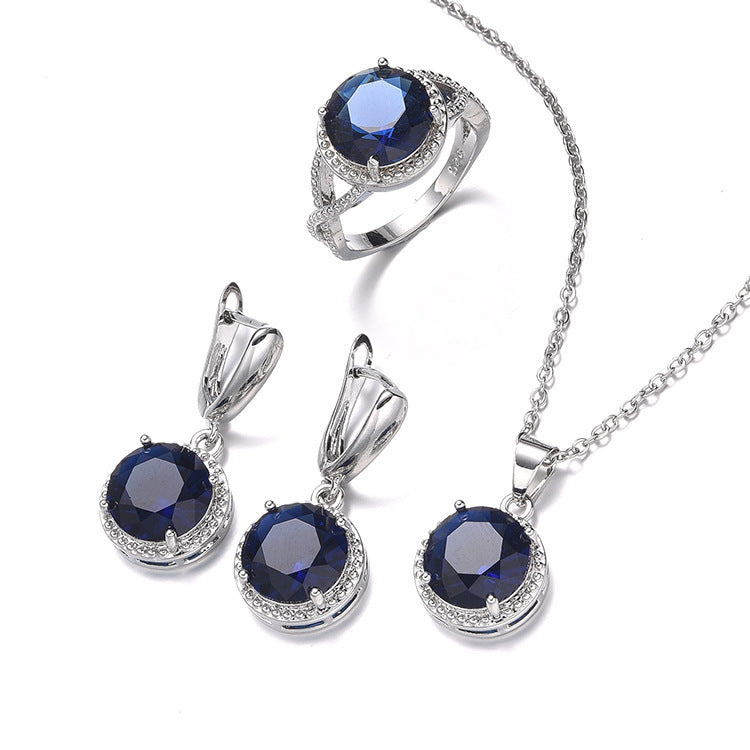 Women's Zircon Necklace Earring Ring Three-piece Set Simple Round