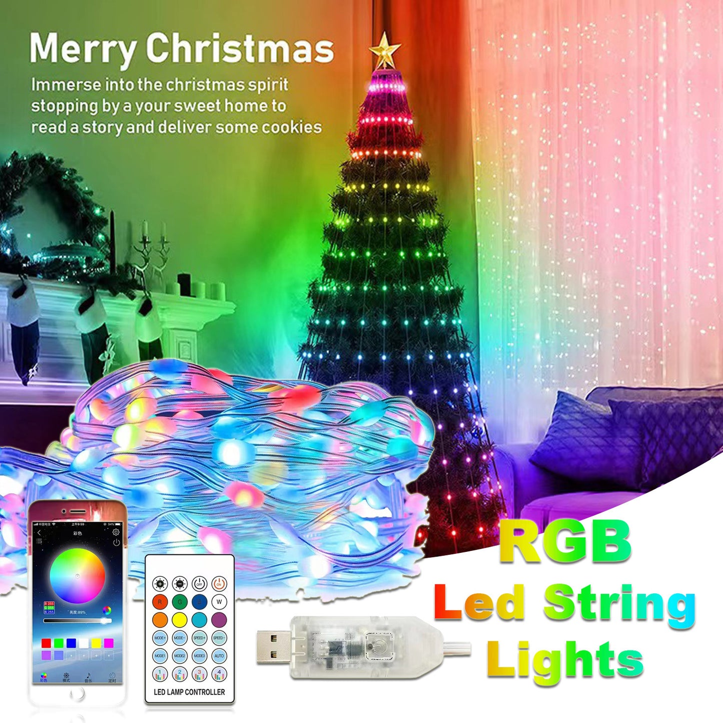 Guirlande lumineuse de noël, Point de contrôle à distance, ligne lumineuse, lampe intelligente, lumières de décoration d'ambiance
