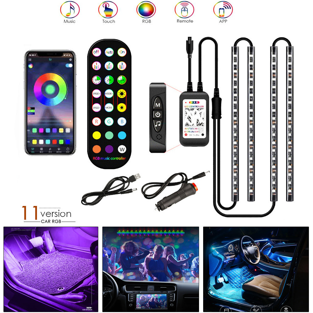 Lampe LED décorative de style pour intérieur de voiture, étanche, lampe d'ambiance avec télécommande sans fil, commande musicale, bande lumineuse RGB