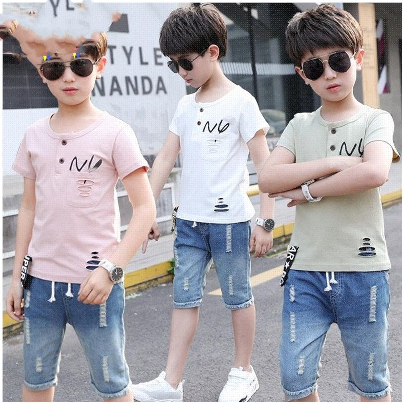Vêtements d'été pour enfants, t-shirt et short en jean pour garçons, 2 pièces