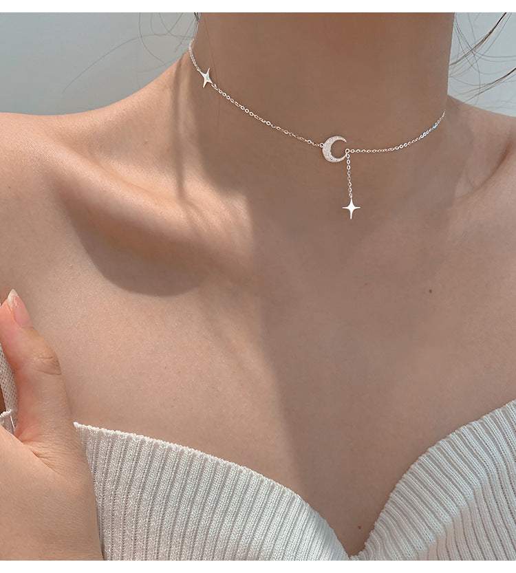 Women's Summer Simple Niche Design Frosted Moon And Star Pendant Clavicle Necklace