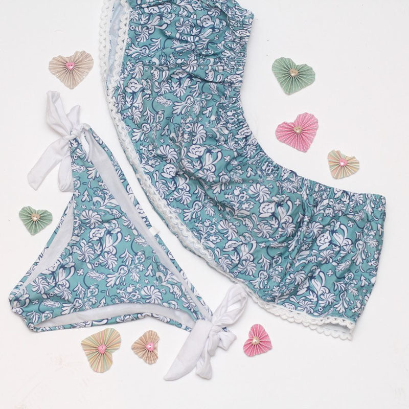 Azul claro patrón floral sin tirantes del hombro mujeres sexy hendidura bikini conjunto traje de baño mujeres playa traje de baño 