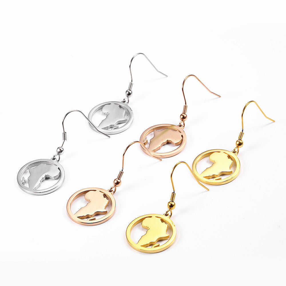 Boucles d'oreilles rondes creuses en acier inoxydable avec carte africaine