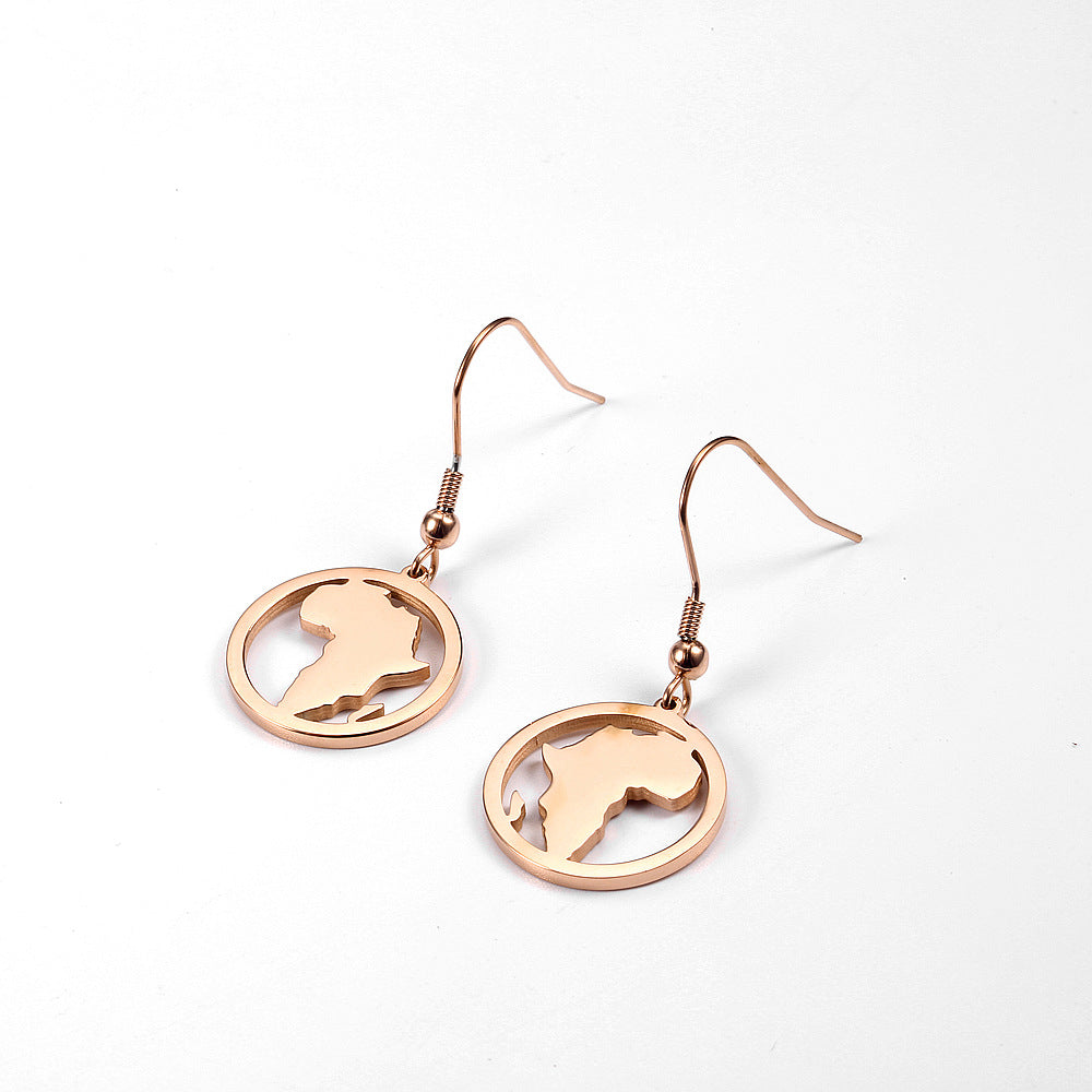 Boucles d'oreilles rondes creuses en acier inoxydable avec carte africaine