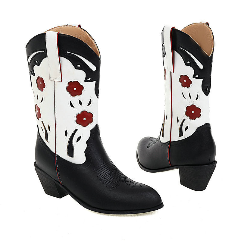 Nouveau Talon épais talon haut mi-mollet couleur correspondant Western Cowboy botte