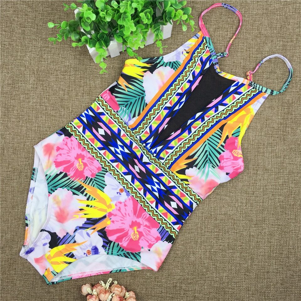 Maillot de bain une pièce en maille, Sexy, coupe haute, motif Floral, Patchwork, Bikini, maillots de bain femmes 