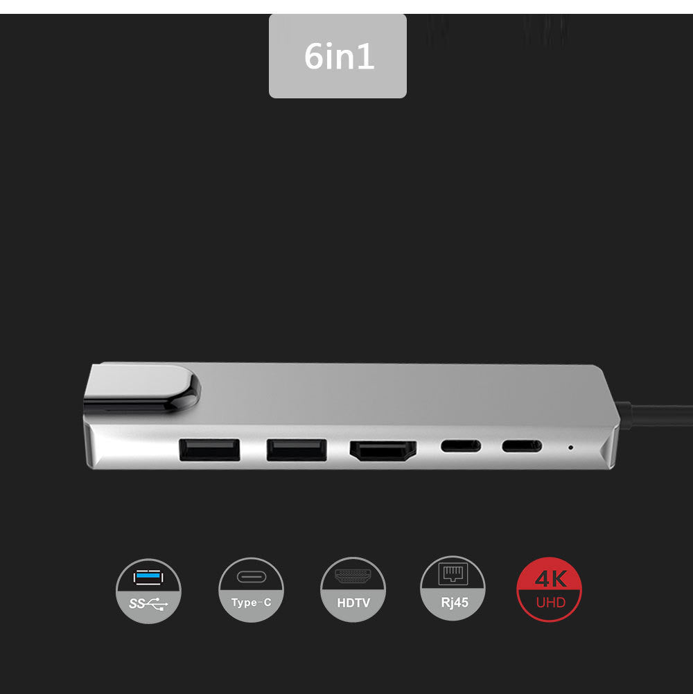 Type C vers HDMI + USB3.0 + PD 6 en 1 adaptateur de carte réseau Hub Rj45