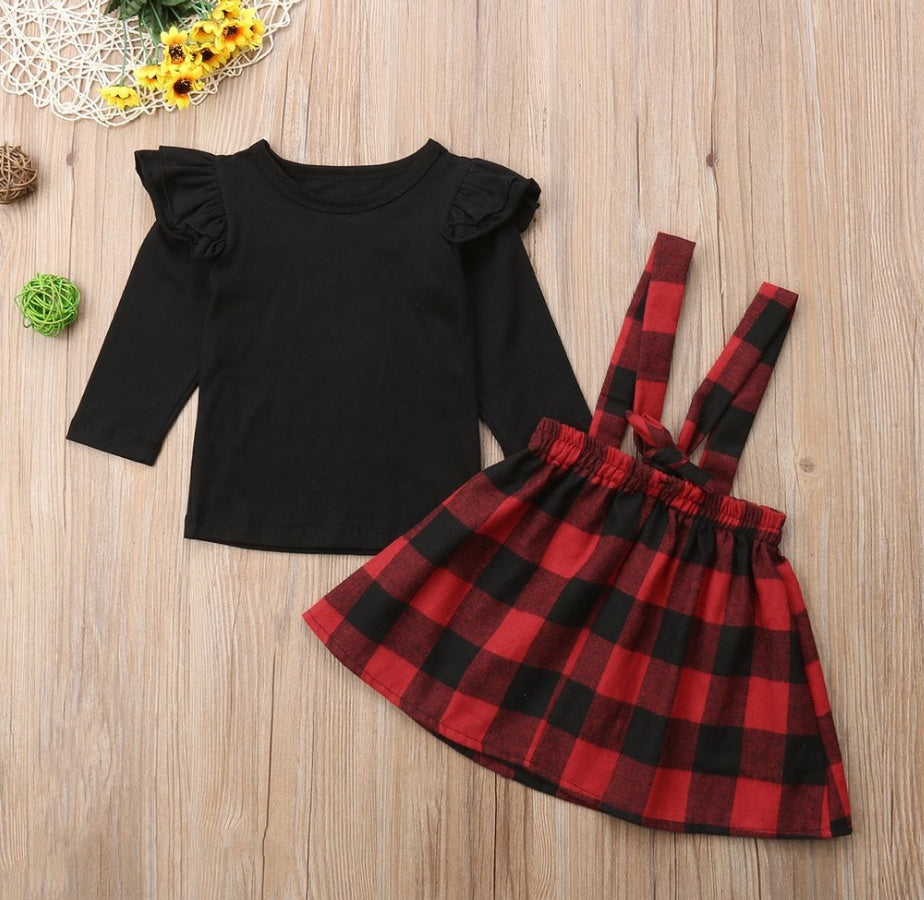 Plate-forme de commerce extérieur, nouvelle taille pour filles, robe noire à manches longues et bretelles à carreaux, ensemble deux pièces, vente en gros d'usine