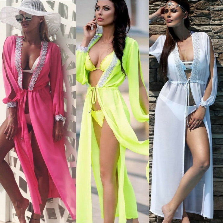 Blusa con cordones y perspectiva dividida de encaje de manga larga para mujer