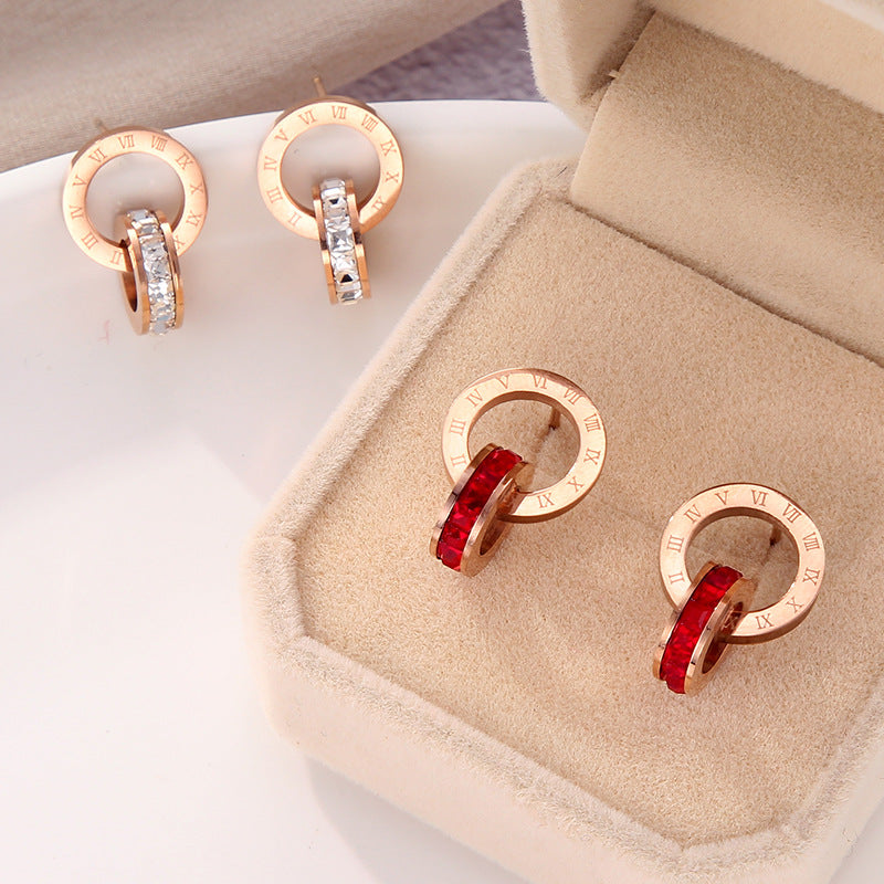 Acier titanique aucun diamants d'anneau de décoloration de double avec des boucles d'oreilles de goujon de chiffres romains