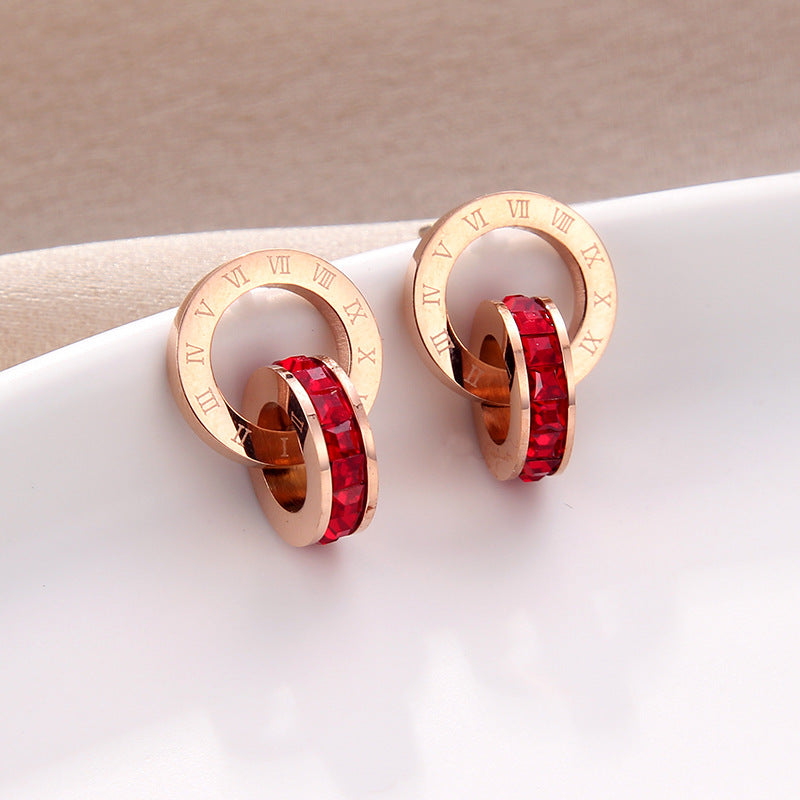Acier titanique aucun diamants d'anneau de décoloration de double avec des boucles d'oreilles de goujon de chiffres romains