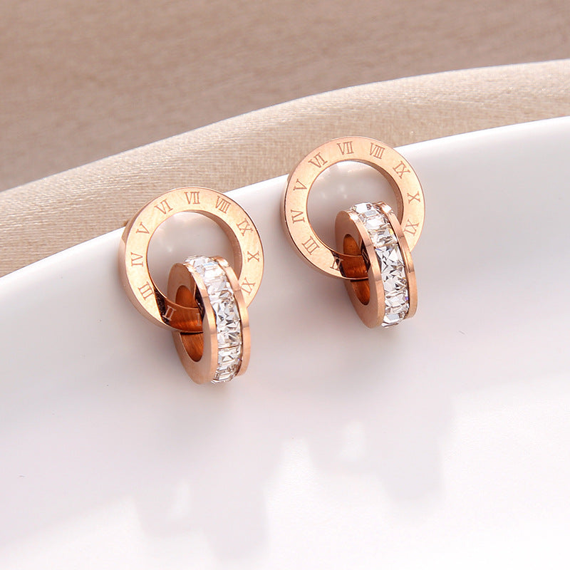 Acier titanique aucun diamants d'anneau de décoloration de double avec des boucles d'oreilles de goujon de chiffres romains