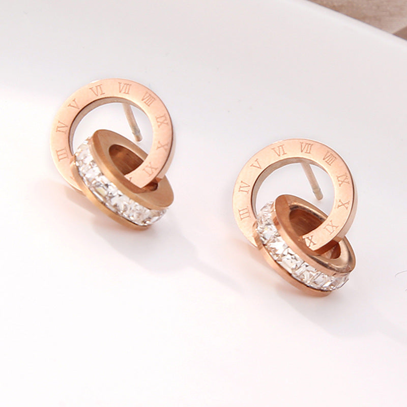 Acier titanique aucun diamants d'anneau de décoloration de double avec des boucles d'oreilles de goujon de chiffres romains