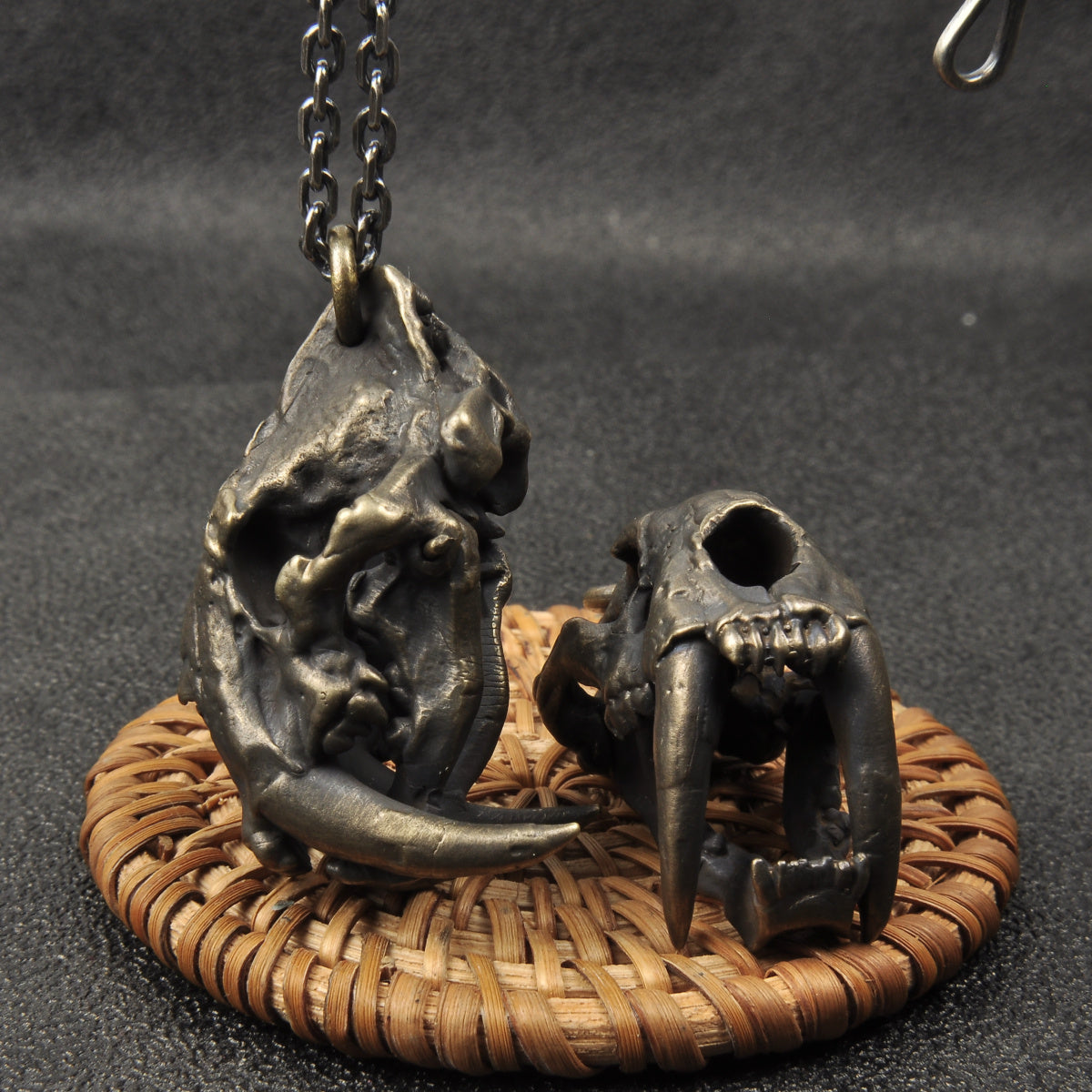 Vintage Brass Saber-toothed Cat Skull Pendant Necklace