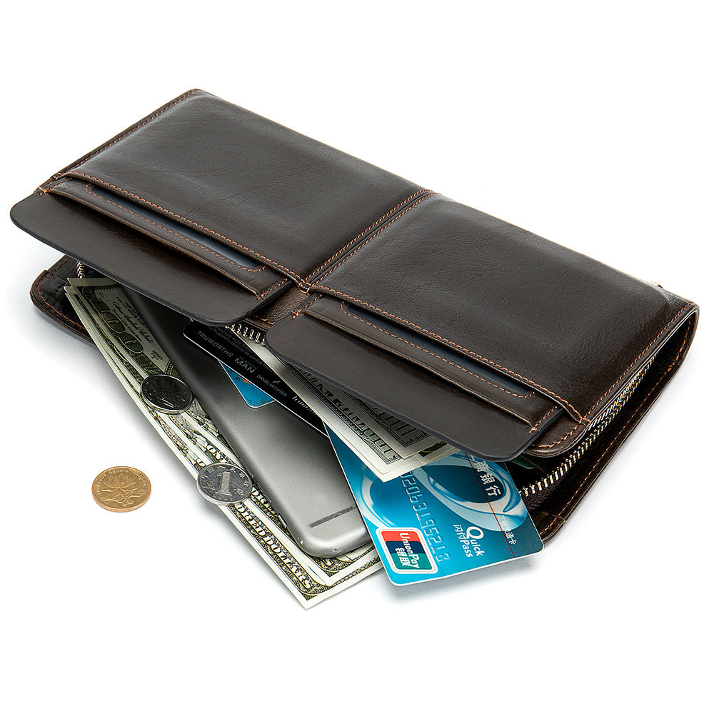 Portefeuille d'affaires à Double poche pour hommes, Long portefeuille avec plusieurs fentes pour cartes, pochette en cuir véritable pour hommes