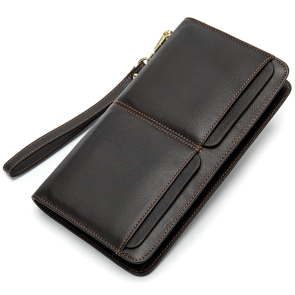 Portefeuille d'affaires à Double poche pour hommes, Long portefeuille avec plusieurs fentes pour cartes, pochette en cuir véritable pour hommes
