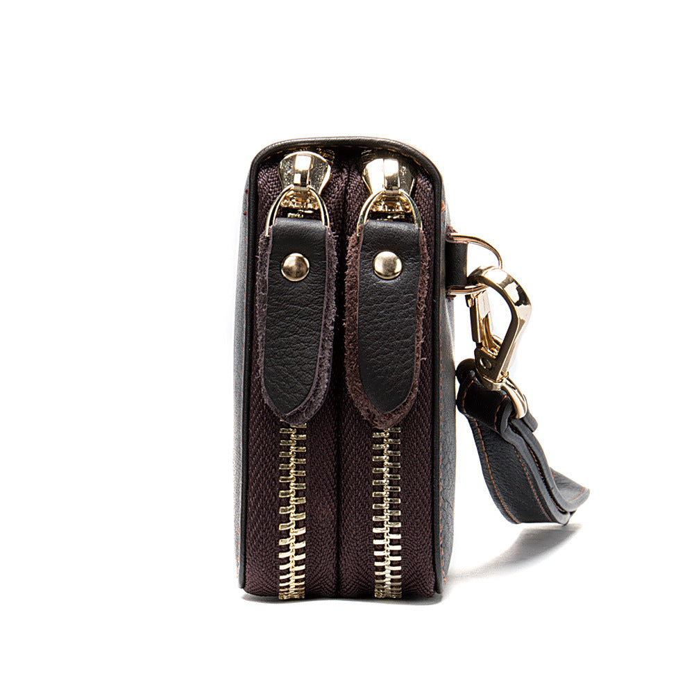 Cartera de doble cremallera para hombre Bolso largo de gran capacidad de piel de vaca de primera capa