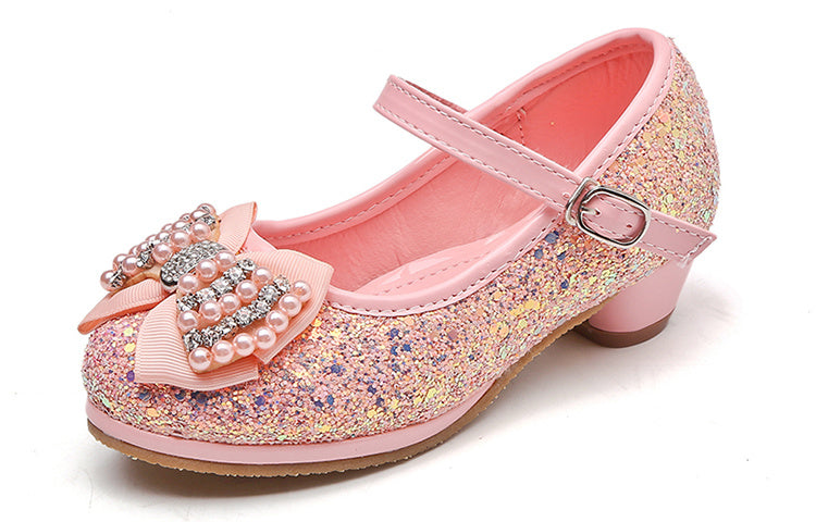 Chaussures en cristal à talon haut et nœud pour enfants