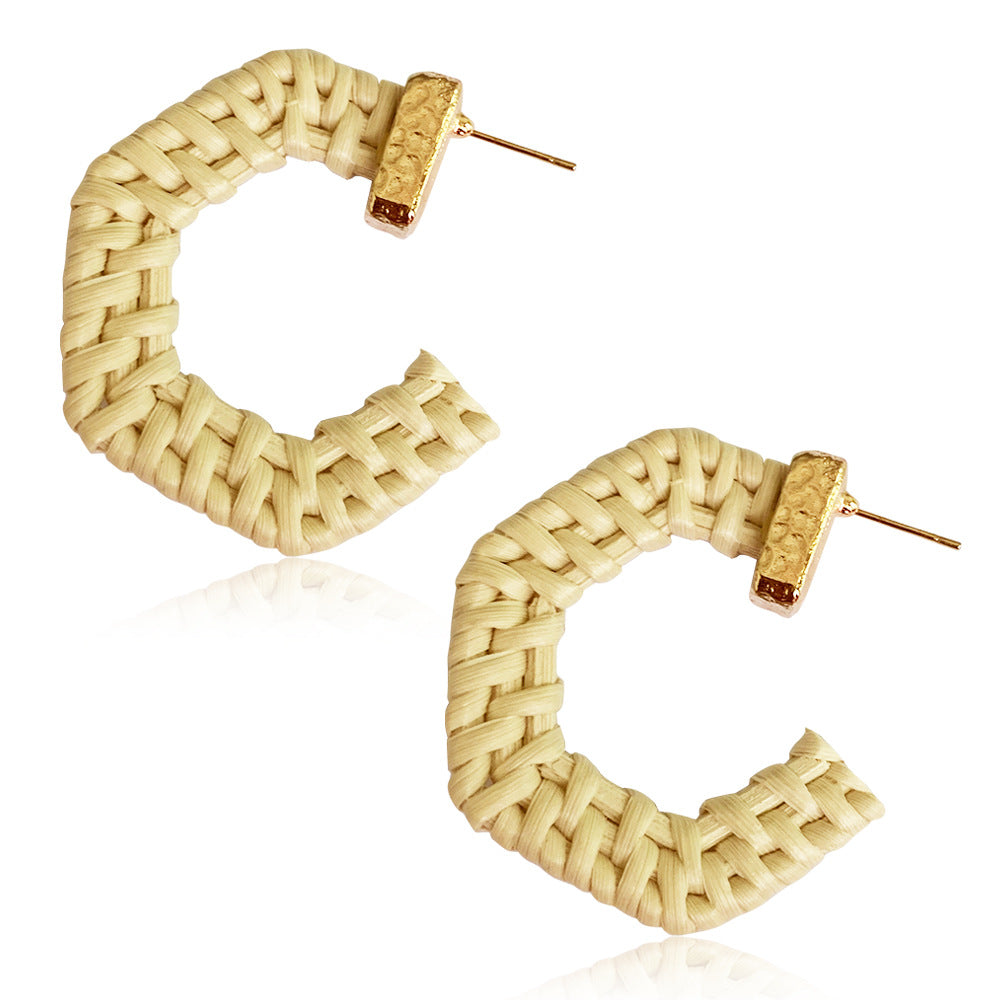 Boucles d'oreilles rondes en rotin à géométrie exagérée vintage de Corée du Sud