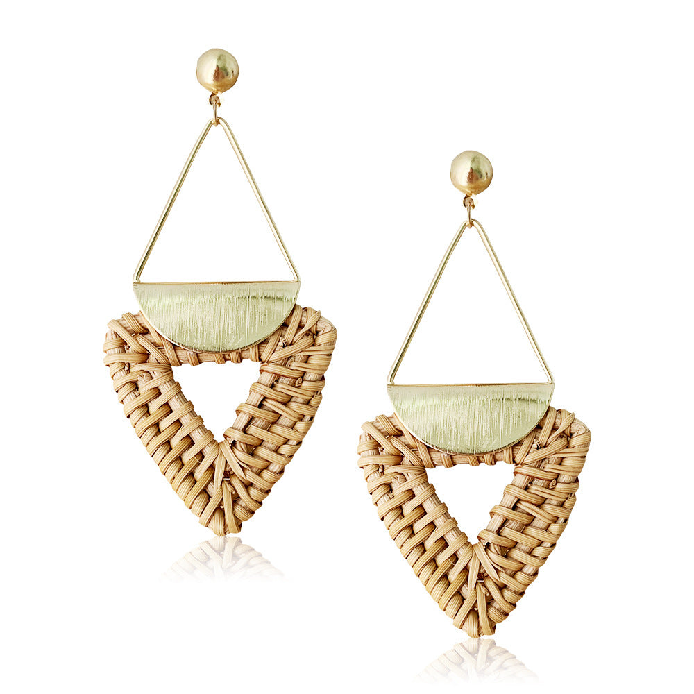 Boucles d'oreilles rondes en rotin à géométrie exagérée vintage de Corée du Sud
