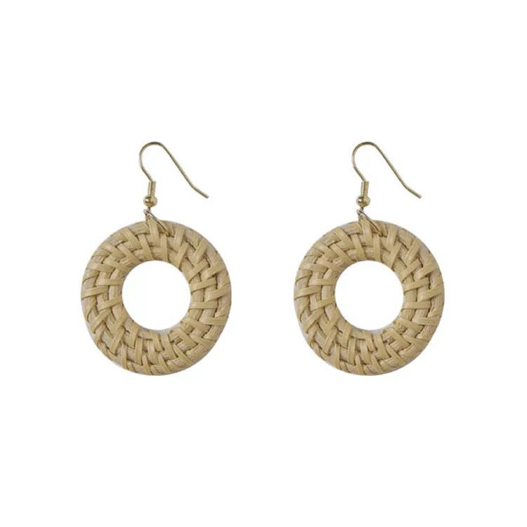 Boucles d'oreilles rondes en rotin à géométrie exagérée vintage de Corée du Sud