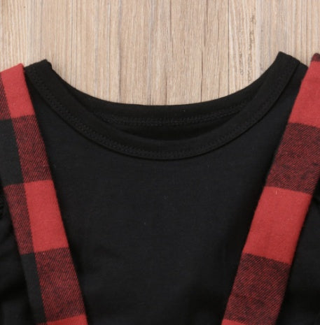 Plate-forme de commerce extérieur, nouvelle taille pour filles, robe noire à manches longues et bretelles à carreaux, ensemble deux pièces, vente en gros d'usine