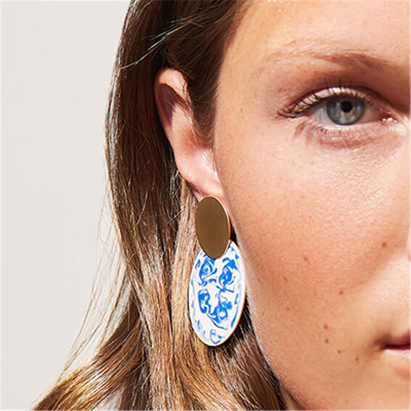 European And American Chinese Style Elements Large Blue And White Porcelain Enamel Enamel Earrings