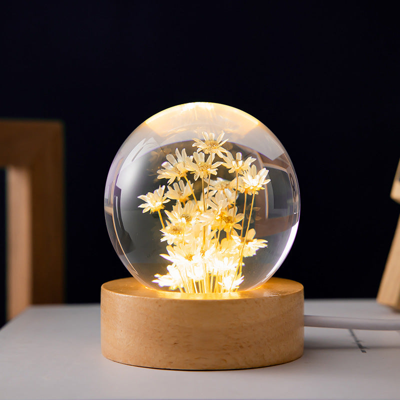 Lámpara LED de noche con bola de cristal y flores para niños, lámpara de noche con Base de madera, luz ambiental para dormitorio, regalo creativo, luz nocturna