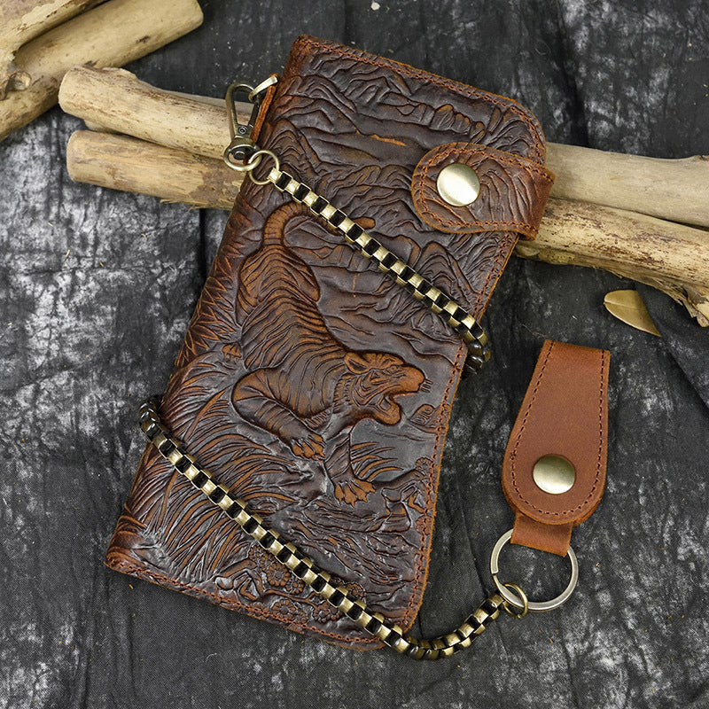 Cartera antirrobo de cadena larga de cuero Crazy Horse para hombre