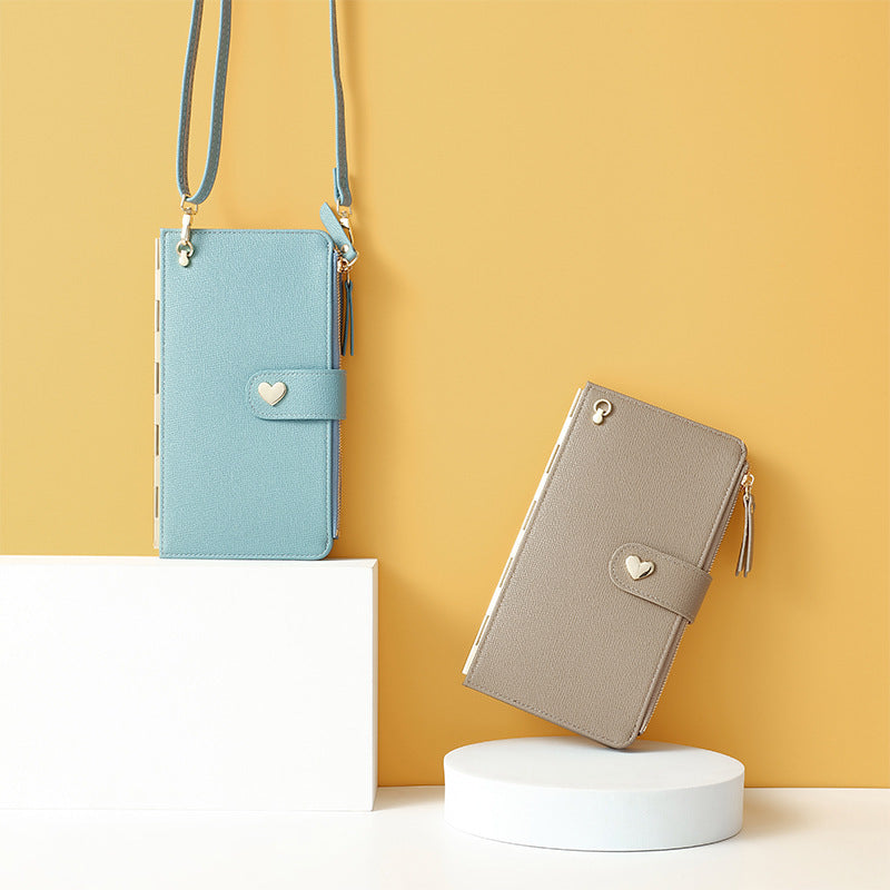 Bolsos para teléfono móvil con pantalla táctil transparente, cartera larga con hebilla de amor, bolso de hombro tipo bandolera multifuncional para mujer