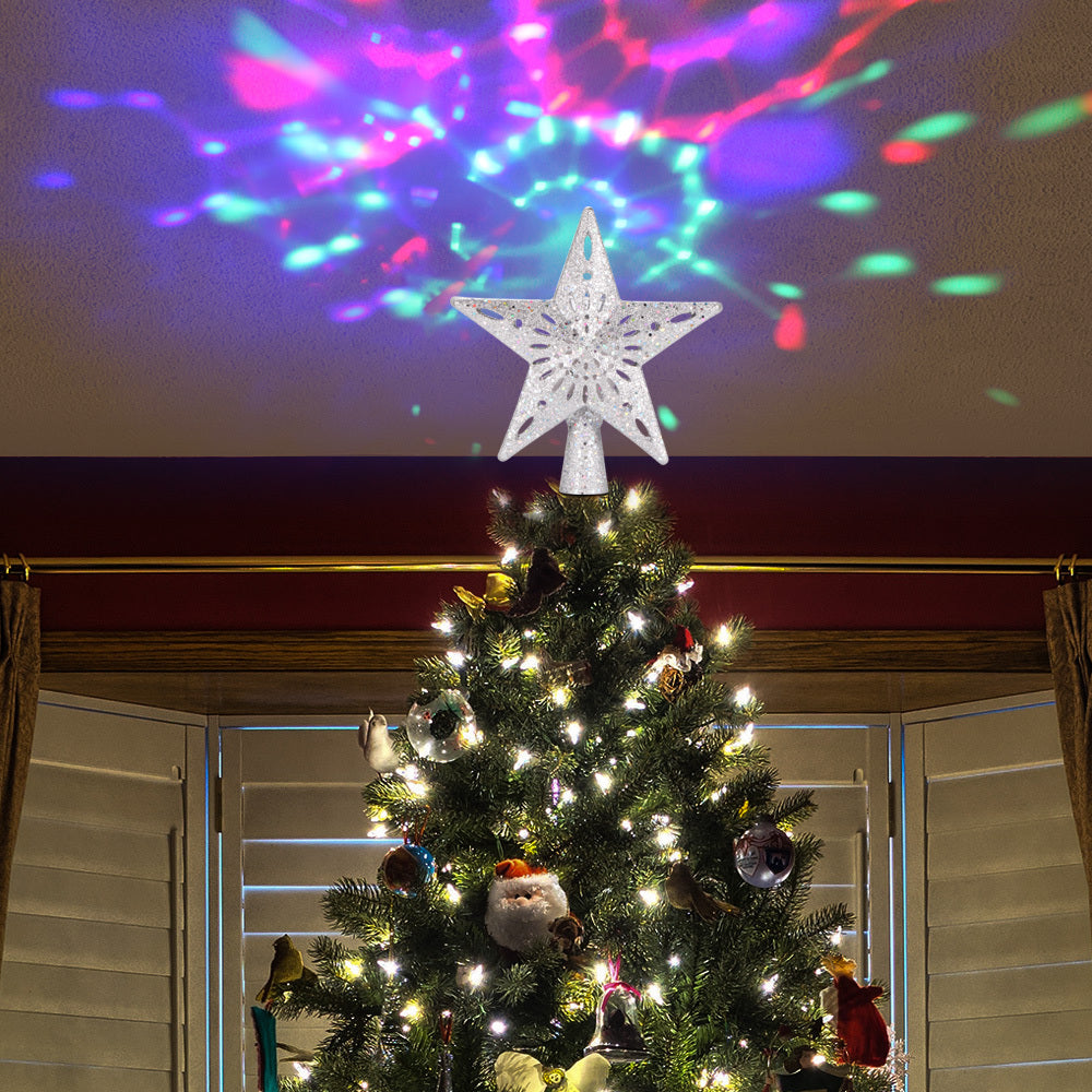 Lumière supérieure d'arbre de noël en forme d'étoile et de flocon de neige, projecteur Laser LED, lumières d'ornement d'arbre de noël