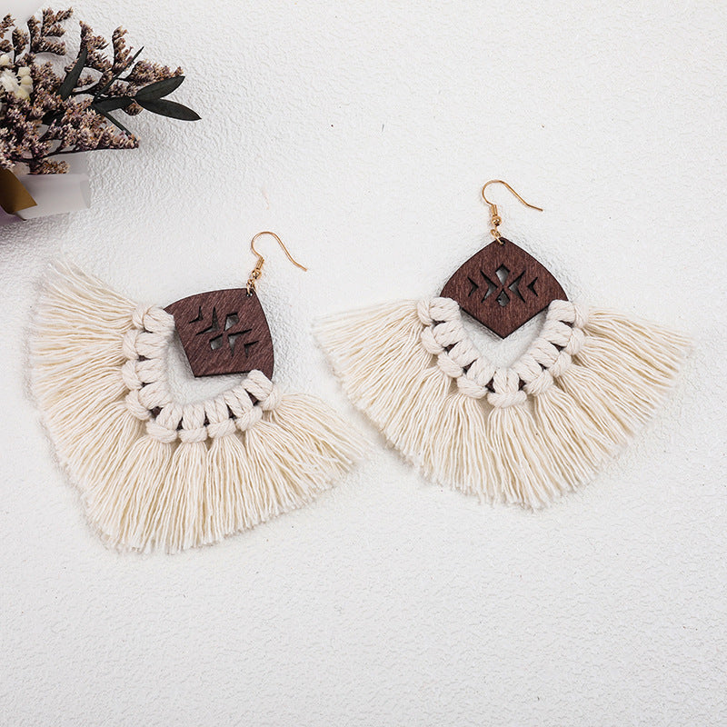 Pendientes Tejidos a Mano Macrame Madera Original Borla Ecológica