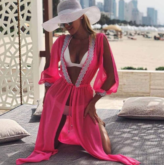 Blusa con cordones y perspectiva dividida de encaje de manga larga para mujer