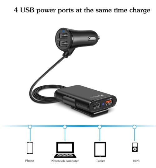 Compatible con el cargador de coche del asiento trasero QC3.0 2.4A3.1A 4 USB con cable un clip