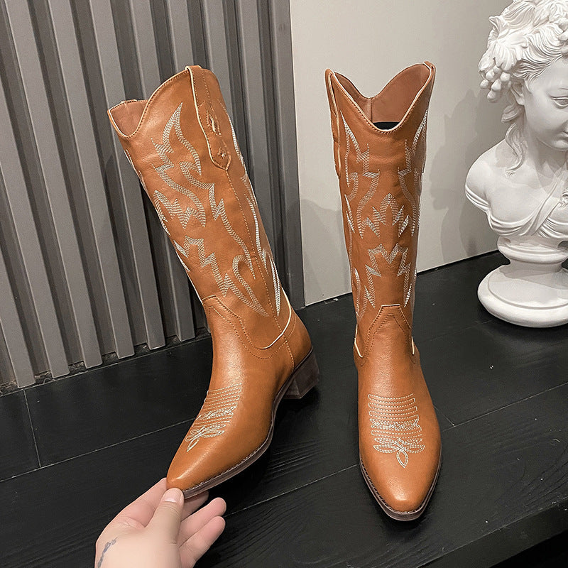 Bota de vaquero occidental retro con bordado de tacón alto y corte en V marrón de verano