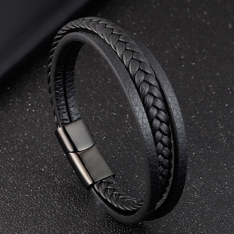 Bracelet en cuir pour hommes en acier titane double couche