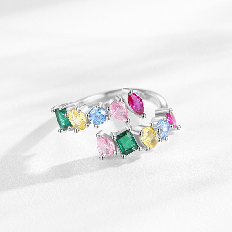 Women's S925 Sterling Silver Rainbow Zircon Opening Geometric Design Ring