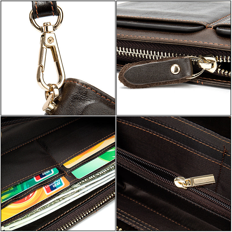 Portefeuille d'affaires à Double poche pour hommes, Long portefeuille avec plusieurs fentes pour cartes, pochette en cuir véritable pour hommes