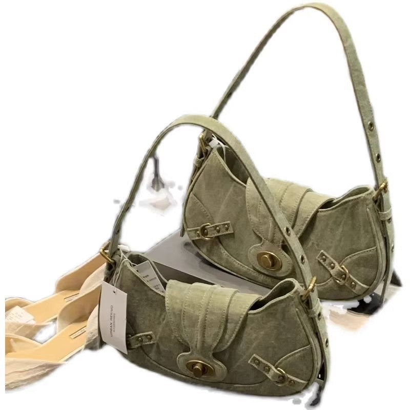 Bolso de axila con costura verde militar retro americano