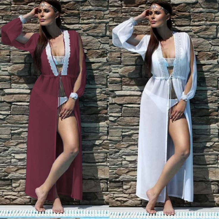 Blusa con cordones y perspectiva dividida de encaje de manga larga para mujer