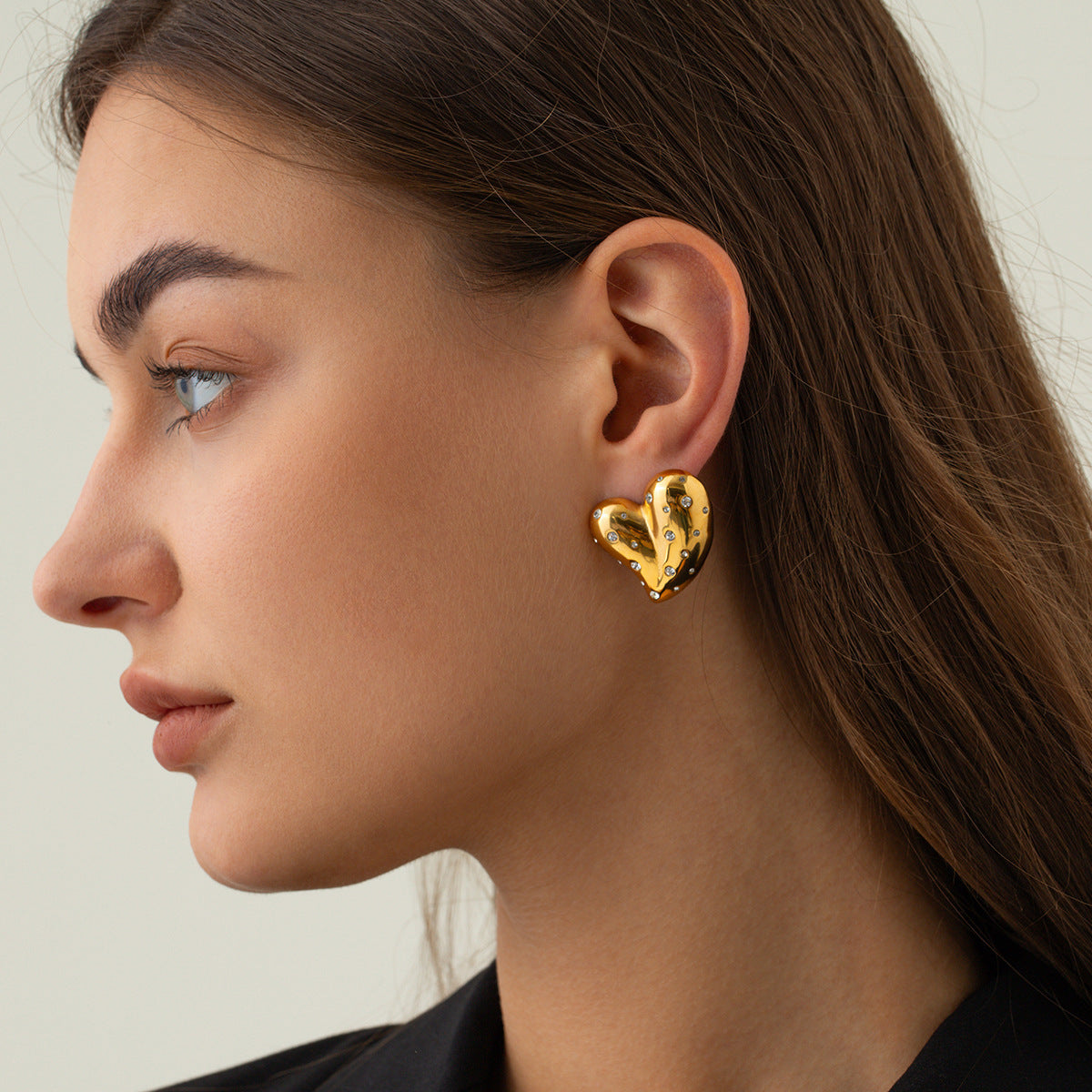 Boucles d'oreilles mode en or 18 carats et acier inoxydable incrusté de diamants blancs, cœur d'amour