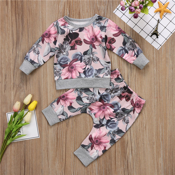 Conjunto de ropa de estilo otoñal para niña, ropa para recién nacido, traje con estampado de flores de ocio, conjuntos de ropa para niña 