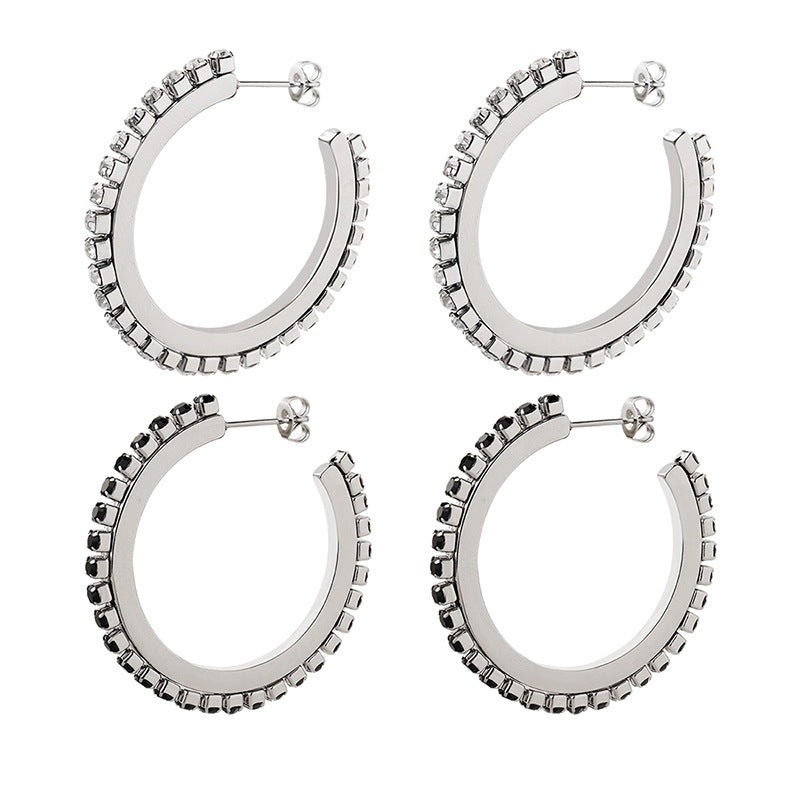 European And American Personalized Exaggerated Starry Black And White Zircon C- Shaped Diamond Titanium Steel Ear Ring