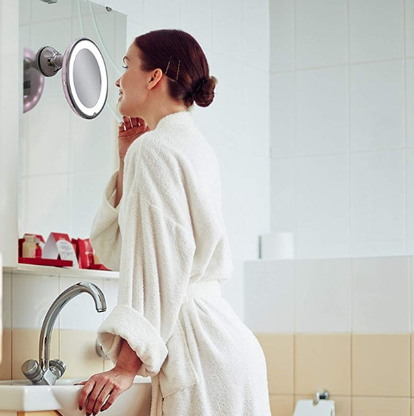 Espejo de maquillaje con luz LED brillante, giratorio 360 y aumento de 10x