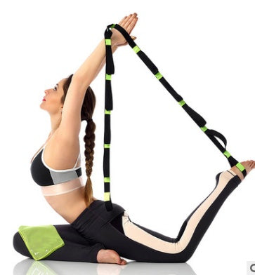 Sangle de yoga élastique avec plusieurs boucles de préhension.