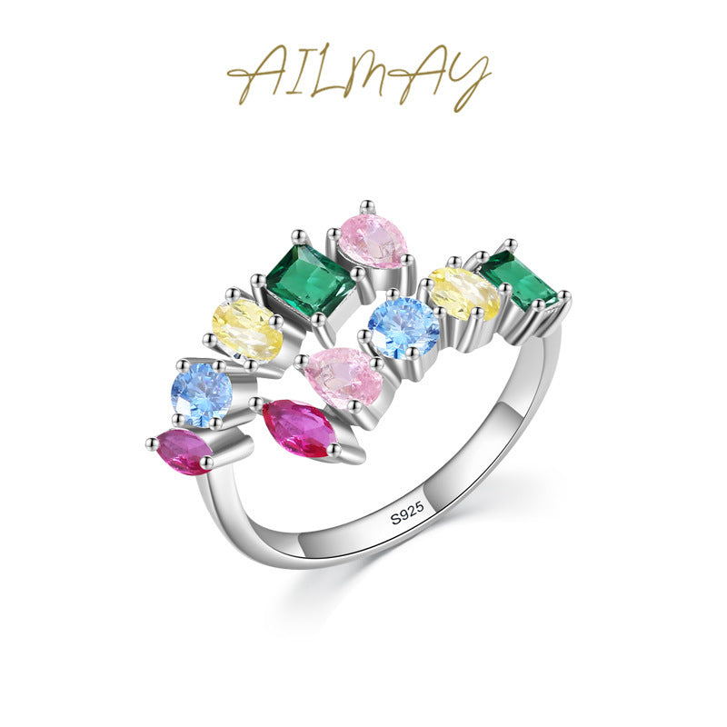 Women's S925 Sterling Silver Rainbow Zircon Opening Geometric Design Ring