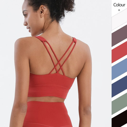 Soutien-gorge de Sport à bretelles croisées pour femmes, résistant aux chocs, haut court, Push-Up, sous-vêtements, couleur chair, rembourré, Yoga, vêtements de Sport