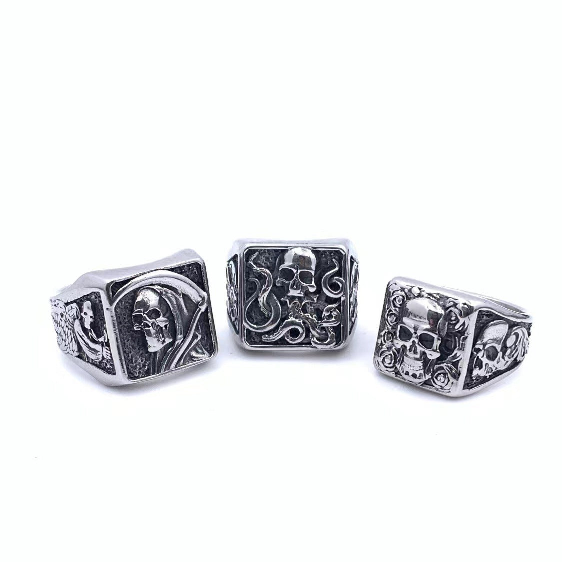 Bague en acier titane pour hommes, Style gothique de mort rétro, crâne de Rose