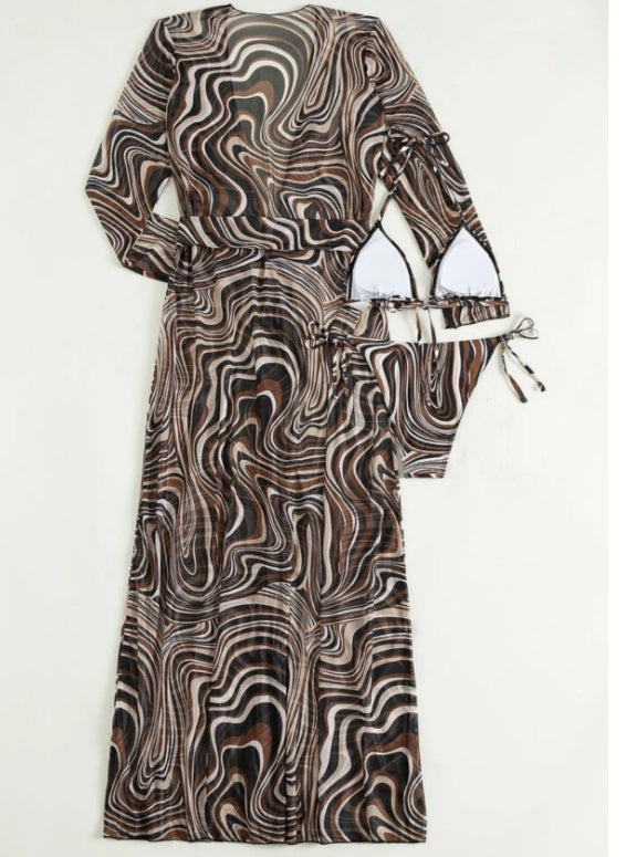 Ensemble trois pièces en maille à robe longue rayée à lacets